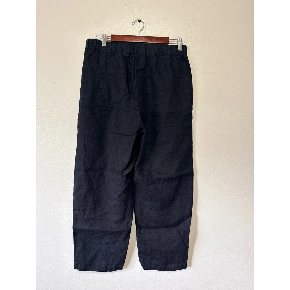 Quince European Linen Straight Leg Pants Navy Blue Elastic Waist Women Size M